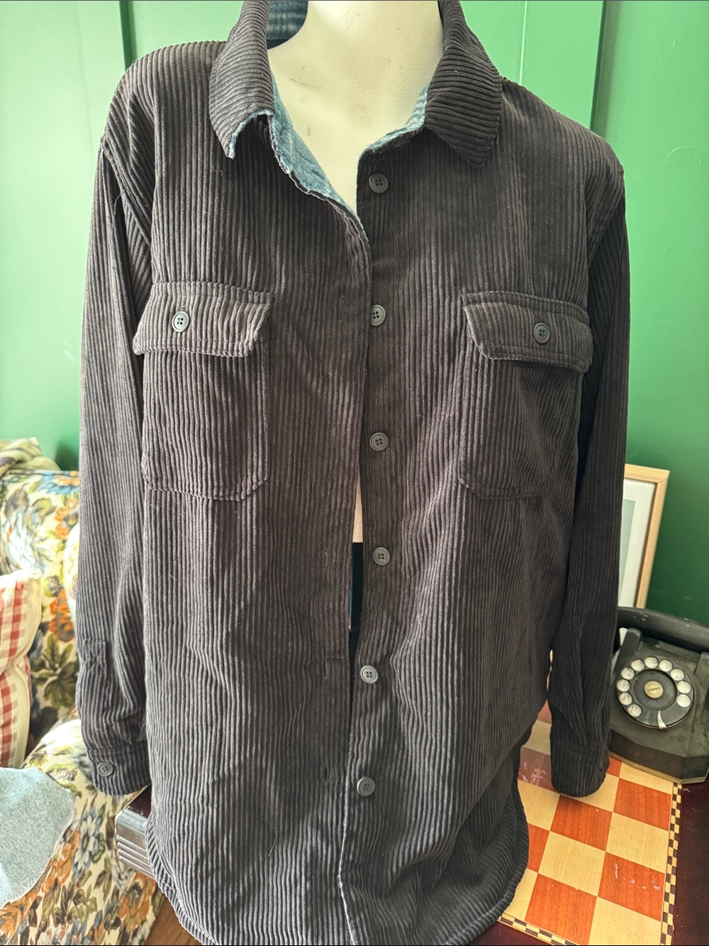 Women’s Reversible Corduroy Black Button-Up and Navy/cream Flannel Jacket -